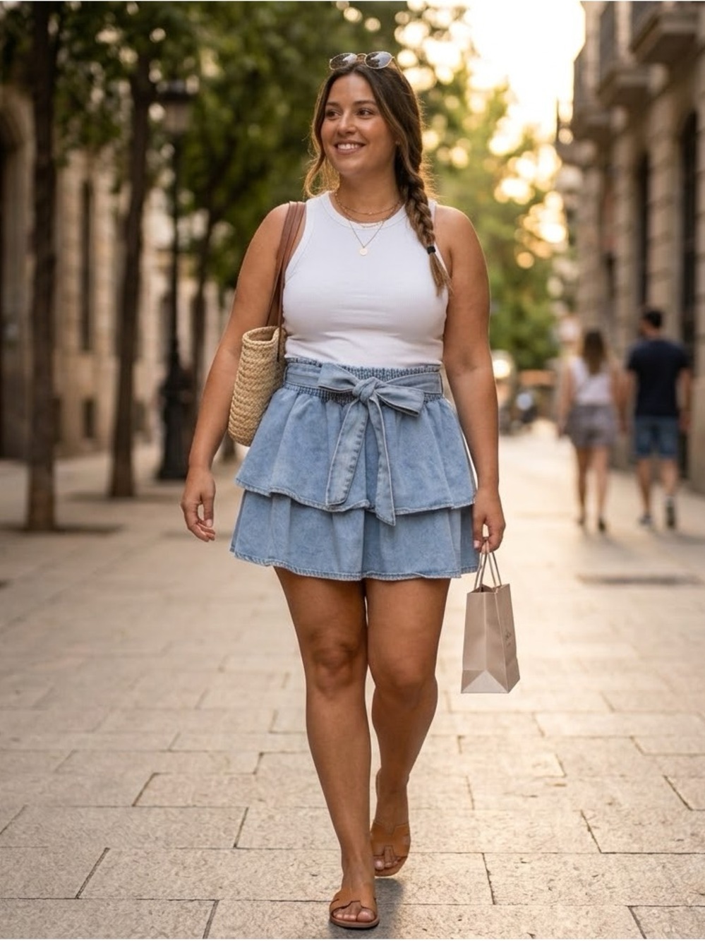 Tiered Light Blue Denim Mini Skirt with Waist Tie